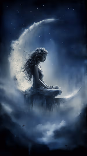 Surreal moonlit woman seated on a crescent in deep blue and silver tones, ultra hd fantasy painting for iPhone lock screen