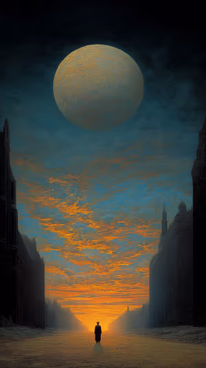 Cinematic surreal moonrise silhouette on teal and orange clouds with a textured moon ultra hd 8K mobile background