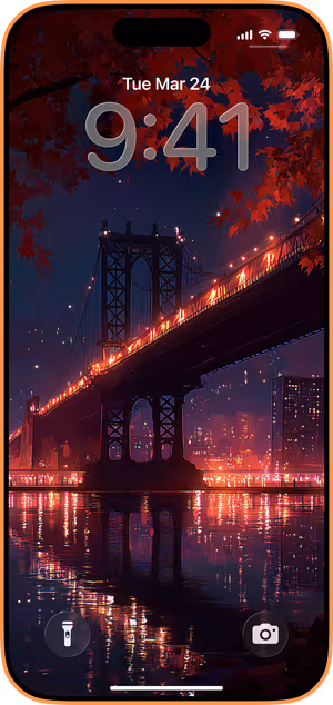 Wallpaper preview on iPhone 17 Pro Max running iOS 26 - Crimson Maple Bridge