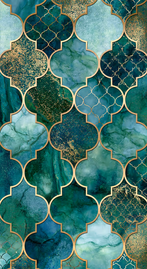 Ornate Moroccan geometric pattern on a teal and gold background in a textured aesthetic.