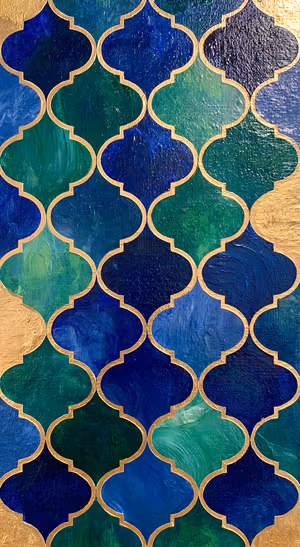Painterly Moroccan tile pattern with gold leaf outlines on deep blue and green tones, ultra hd mosaic background.