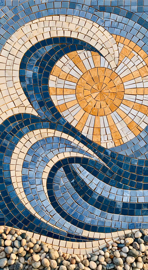 Abstract spiral mosaic centered on a blue background in geometric tile aesthetic.