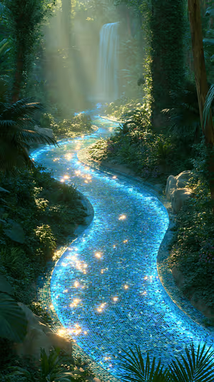 Luminous fantasy mosaic stream winding through blue green jungle with sunlit waterfall ultra HD 8K background