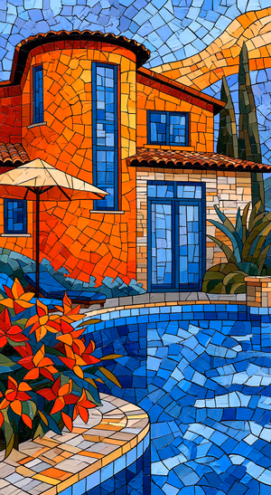 Mosaic Villa Pool Scene — iPhone lock screen wallpaper