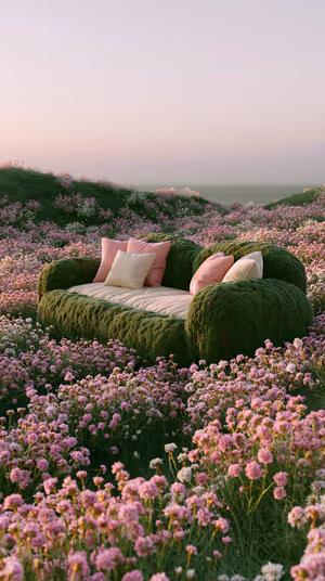 Dreamy moss covered couch in a pink wildflower meadow, ultra hd 8K background for iPhone
