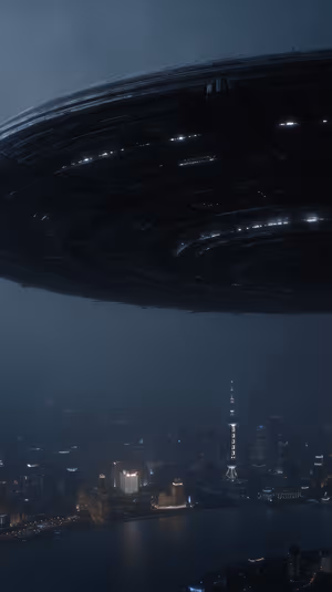 Futuristic alien mothership hovering above a dark blue neon city skyline ultra HD 8K background.