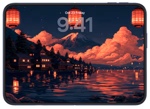 Wallpaper preview on iPhone 17 Pro Max running iOS 26 - Fuji Lantern Night