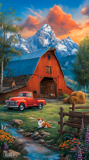 Painterly mountain barn scene with vintage red pickup under a sunset orange sky in a nostalgic pastoral aesthetic, ultra hd