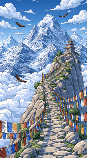 Illustrated snowy mountain trail with a pagoda, prayer flags, and eagles beneath a blue sky.
