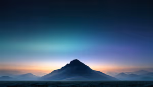 A stylized dark mountain peak rises above layered blue ridges beneath a starry navy sky with teal and violet glow.