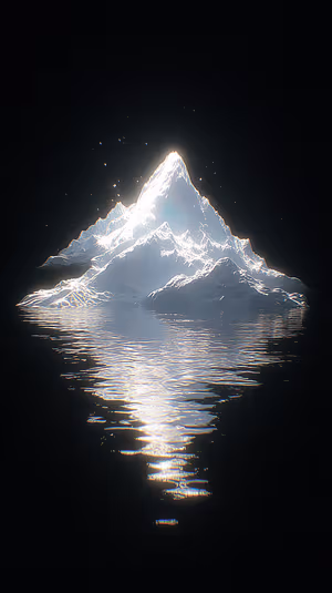 Luminous 3D mountain with reflective water on a deep black background in a minimal, ethereal aesthetic