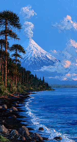 Impressionist mountain lake scene with snowy peaks, pine trees, and blue water in a painterly aesthetic