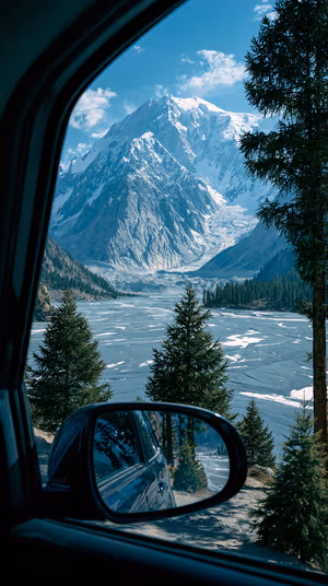 Cinematic mountain lake seen through a car window with side mirror and pine trees in teal tones ultra hd 8k image