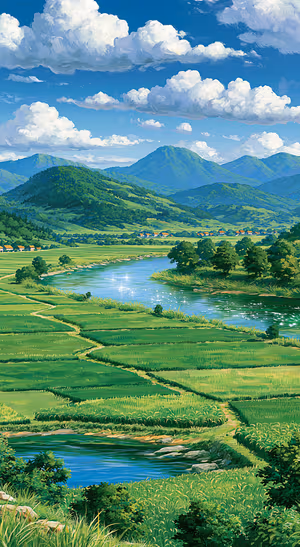 Painted mountain landscape with a blue river, green fields, and white clouds in a scenic aesthetic
