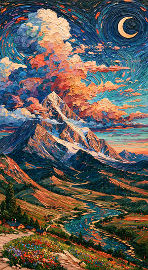 Impressionist mountain landscape centered on a teal and coral background in an impasto aesthetic.