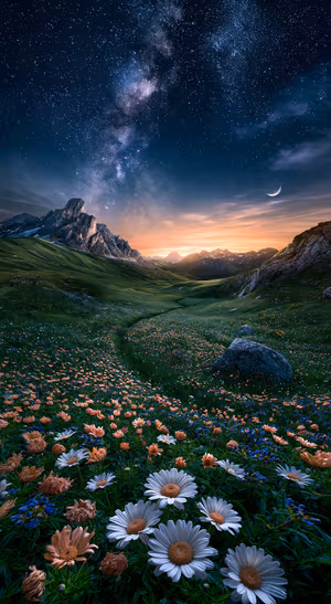 Scenic mountain meadow with wildflowers beneath a deep blue starry sky in an alpine aesthetic