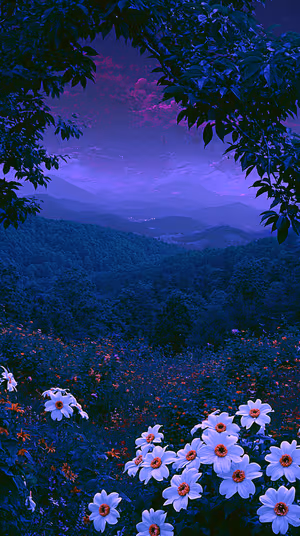 Dreamy mountain meadow with white blooms framed by a leaf arch on purple indigo background ultra HD 8K image