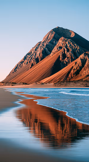 Cinematic mountain and ocean scene in blue and orange tones with a reflective shoreline aesthetic.