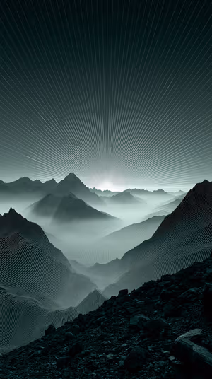 Abstract contour mountain range centered on a teal background with radiating line grid, ultra HD 8K image
