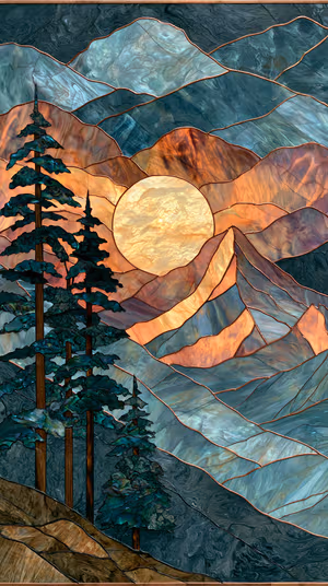 Stained glass mountain sunset with luminous sun orb and pine silhouettes in teal and amber tones, ultra HD wallpaper.