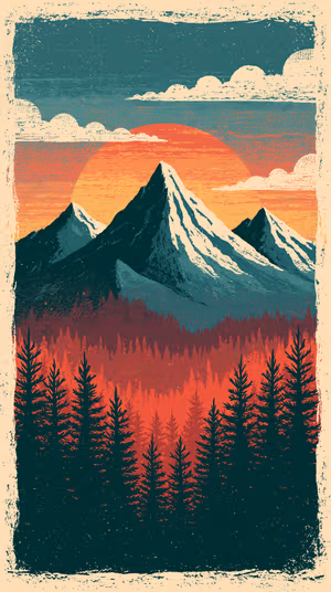 Vintage poster mountain sunset on teal, red and cream background in textured retro style ultra HD 8K background.