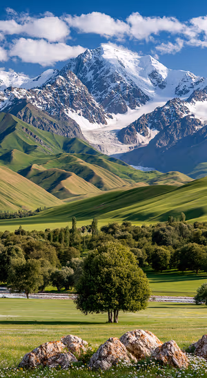 Natural mountain landscape in blue and green tones with snowy peaks and a clear sky