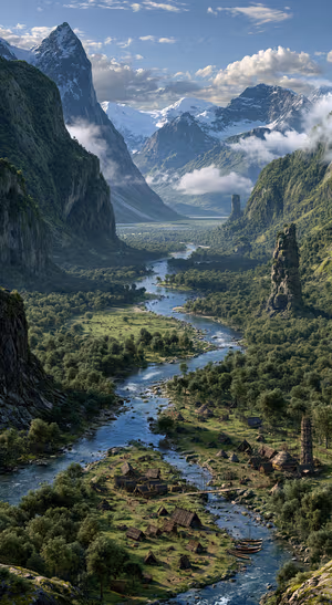 Realistic mountain valley with a winding river and alpine village in blue green tones.
