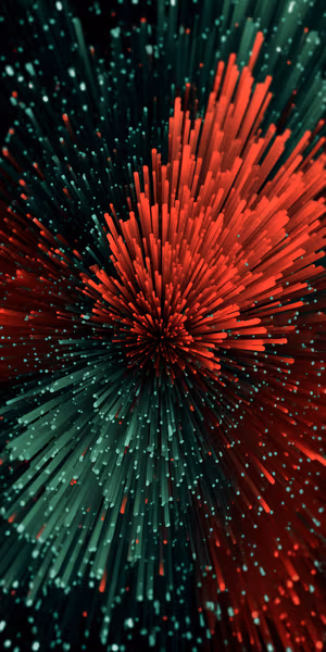 3D radial burst of red and teal rods with glowing particles on a dark background in a bold abstract style