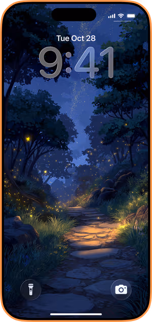 Wallpaper preview on iPhone 17 Pro Max running iOS 26 - moonlit forest path