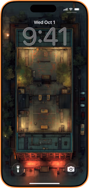 Wallpaper preview on iPhone 17 Pro Max running iOS 26 - Neon Rooftop Court