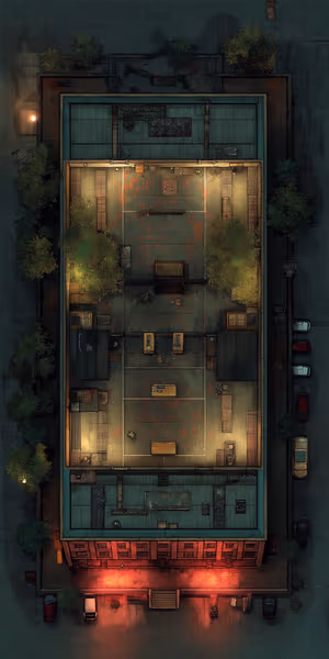 Cinematic top down rooftop court on moody red black background, ultra HD 8K urban night scene.