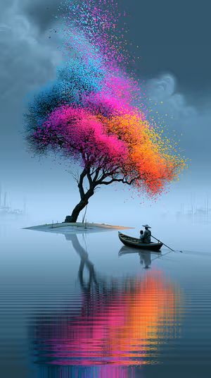 Surreal multicolor tree centered on a blue gray background in a dreamlike painterly aesthetic ultra HD 8K