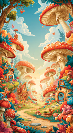 Whimsical mushroom village centered on a turquoise background in storybook style.