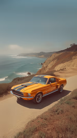 Vintage yellow Mustang cruising along a coastal highway with turquoise ocean ultra HD 8K background for iPhone