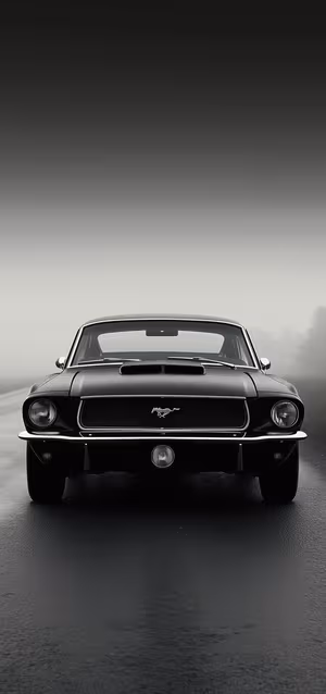 Vintage black and white front view of a classic Mustang on a foggy wet road ultra HD iPhone background