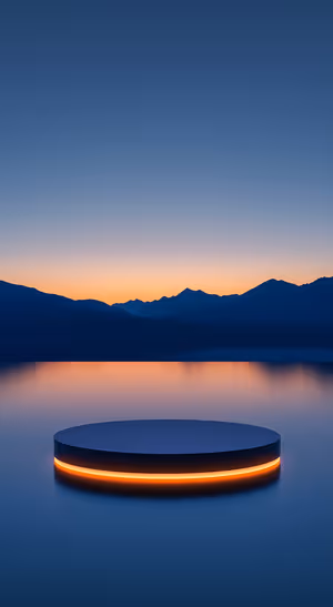 Minimalist neon circular platform centered on a blue orange dusk background with reflective lake ultra HD 8K background