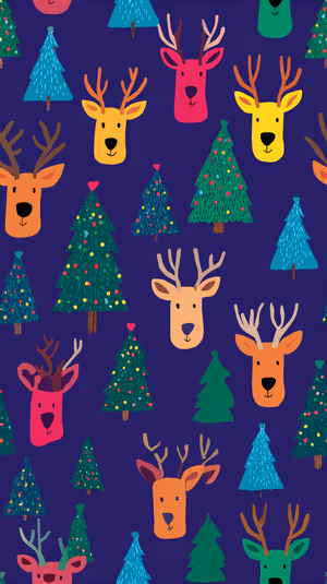 Playful cartoon reindeer and decorated pine trees centered on a deep purple background in a festive seamless pattern.