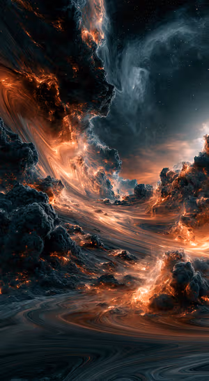 Abstract nebula centered on a black and orange background in a cosmic space aesthetic.