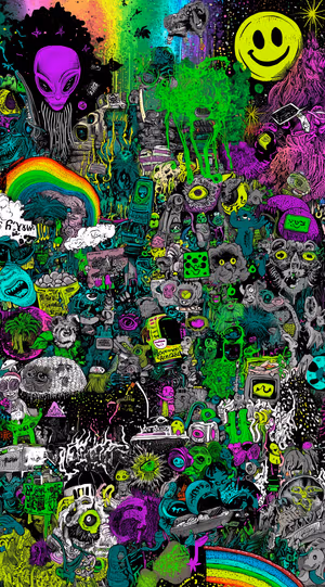 Psychedelic neon collage featuring a purple alien, yellow smiley and rainbows on a vivid purple background, ultra HD