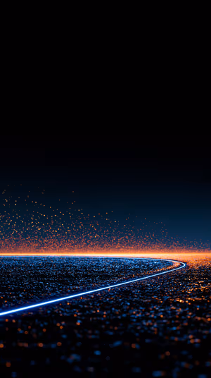 Futuristic neon curve horizon centered on a deep blue to orange background in a luminous cyberpunk aesthetic, ultra hd 8K image