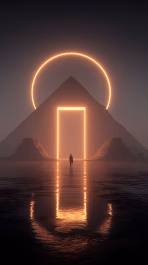 Minimalist neon pyramid portal silhouette on a warm orange background with halo ring and reflective water in a cinematic, surreal style