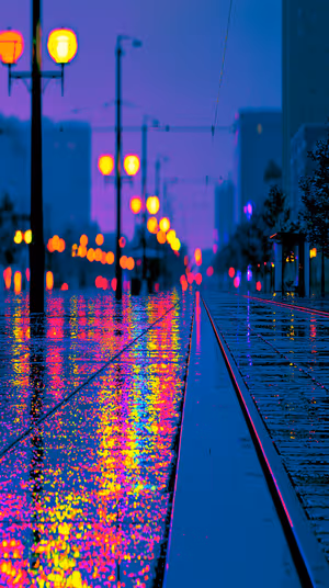 Cyberpunk neon city street centered on a blue pink background with wet pavement reflections and bokeh; ultra HD 8K image.