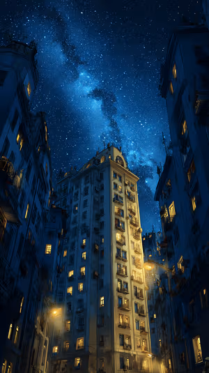 Illustrated night city street centered on a deep blue background with glowing golden windows and a starry Milky Way ultra HD image.