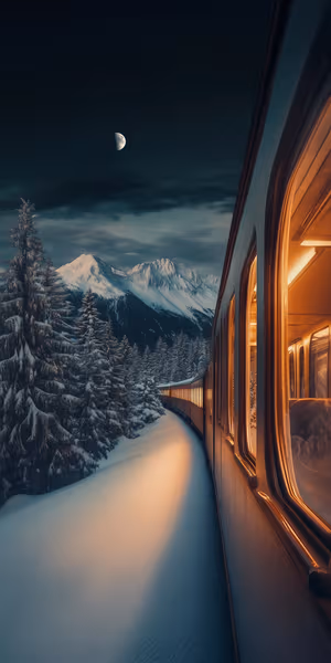 Cinematic night train centered on a moonlit blue background with warm amber glow in a cinematic aesthetic, ultra HD 8K.
