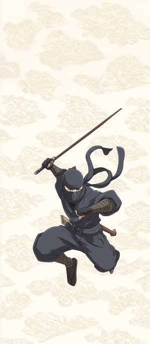 Anime style ninja mid air with bo staff centered on a light patterned background in black cloak aesthetic, ultra HD wallpaper