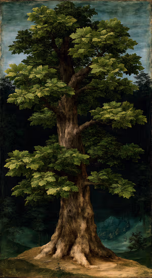 Classical oil painting oak tree centered on a deep green and teal background in vintage realist aesthetic, ultra hd 8K