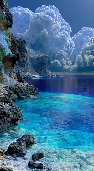 Scenic ocean cliffs and towering clouds on a blue background in a dramatic coastal aesthetic.
