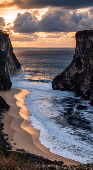 Realistic ocean cliffs centered on a blue gray background in a cinematic sunset aesthetic.