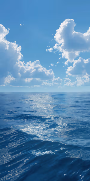 Sunlit ocean seascape centered on a blue background in a calm, photographic aesthetic Ultra HD 8K image.