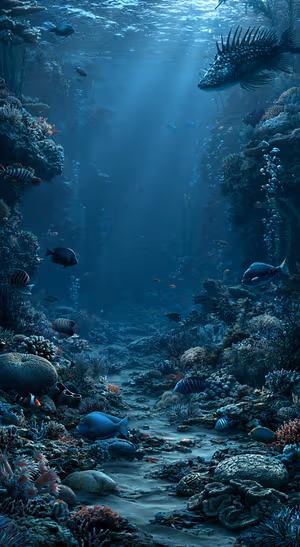 Cinematic ocean reef centered on a deep blue underwater background with coral and tropical fish.